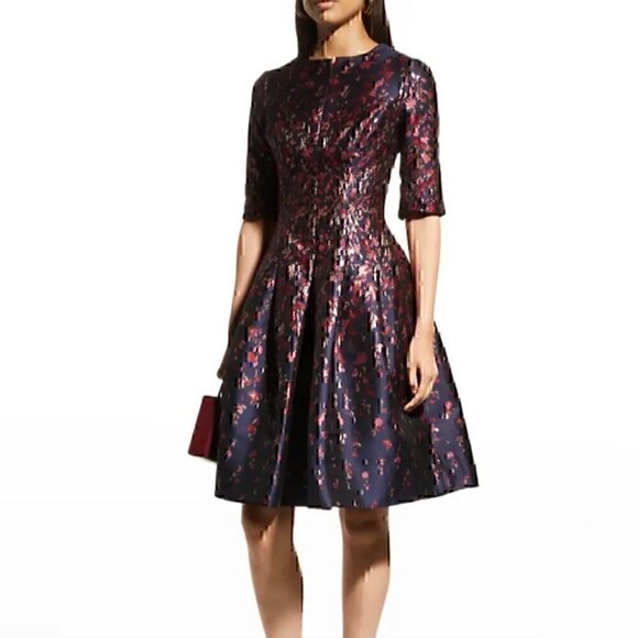 Teri Jon Blue Jacquard Floral Print Box Pleat Fit n Flair  Size4   Navy Multi - Picture 1 of 12